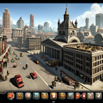 **Age of Z Origins In-Game Event:** A bustling cityscape in Age of Z Origins, highlighting various in-game event icons and rewards, showcasing the excitement and opportunity to earn loot. Include happy players interacting within the game interface.