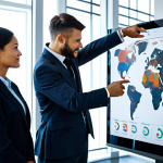 A diverse team of professionals in modest business attire, gathered around a large interactive holographic display, analyzing complex data visualizations and digital maps. They are engaged in a collaborative discussion, pointing to strategic points on the display, symbolizing efficient resource management and collaborative planning for sustainable growth. The background is a clean, modern high-tech office environment with soft, professional lighting. The image emphasizes teamwork, strategic thinking, and global cooperation. fully clothed, appropriate attire, safe for work, appropriate content, professional, perfect anatomy, correct proportions, natural pose, well-formed hands, proper finger count, natural body proportions, high-quality, professional photography.