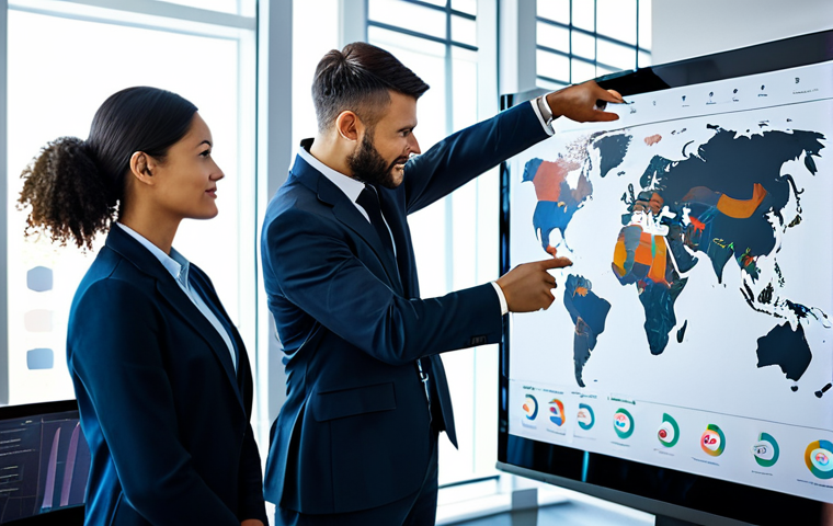 A diverse team of professionals in modest business attire, gathered around a large interactive holographic display, analyzing complex data visualizations and digital maps. They are engaged in a collaborative discussion, pointing to strategic points on the display, symbolizing efficient resource management and collaborative planning for sustainable growth. The background is a clean, modern high-tech office environment with soft, professional lighting. The image emphasizes teamwork, strategic thinking, and global cooperation. fully clothed, appropriate attire, safe for work, appropriate content, professional, perfect anatomy, correct proportions, natural pose, well-formed hands, proper finger count, natural body proportions, high-quality, professional photography.